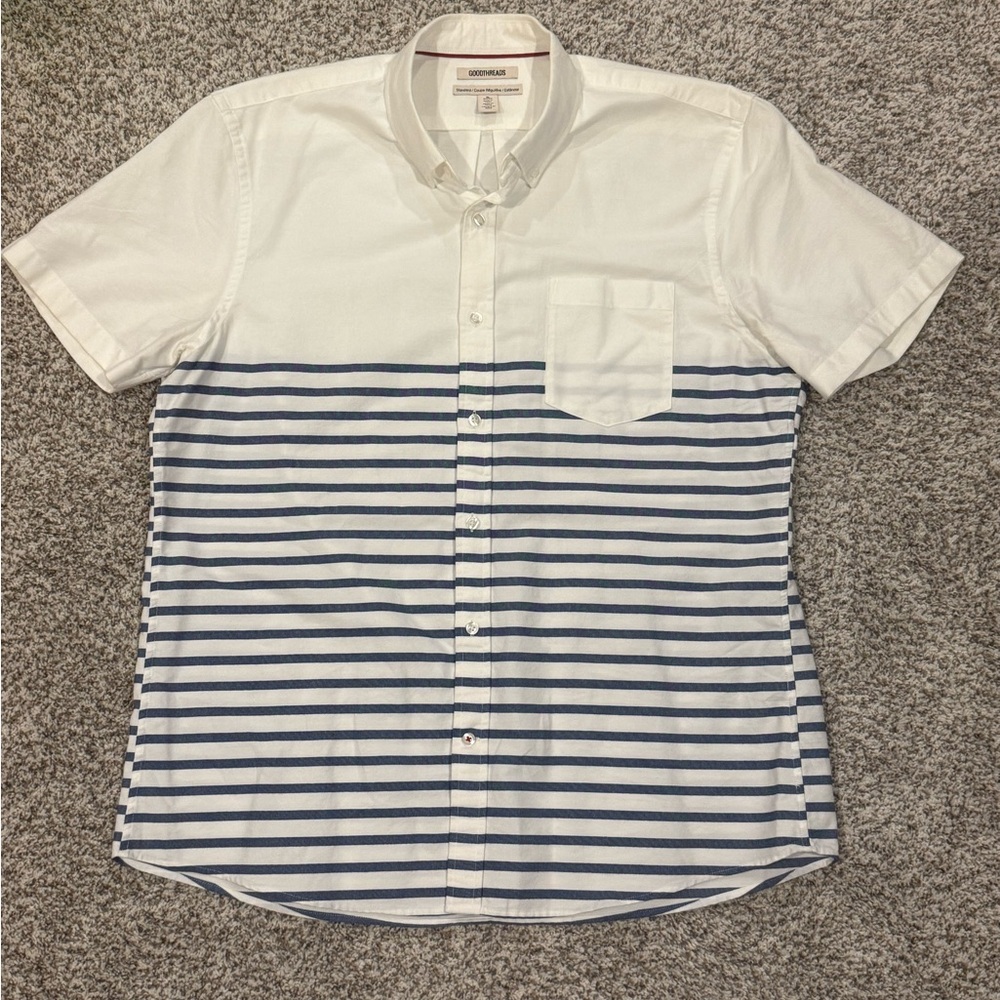 Goodthreads White and Navy Striped short-sleeved button down